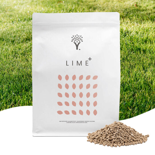 Front image of the Lawn Lime lawn feed product pouch with lawn feed in front of the pouch