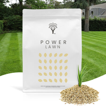 Front image of the Power Lawn Grass Seed product pouch with grass seed in front of the pouch