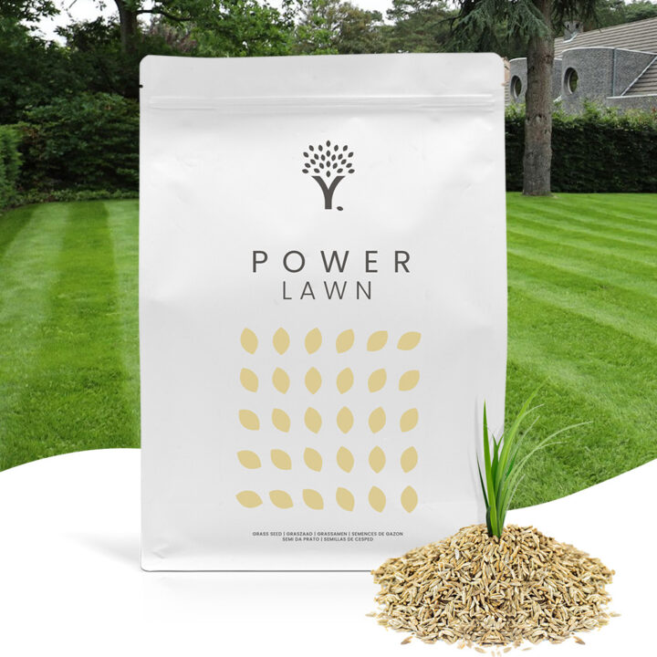 Front image of the Power Lawn Grass Seed product pouch with grass seed in front of the pouch