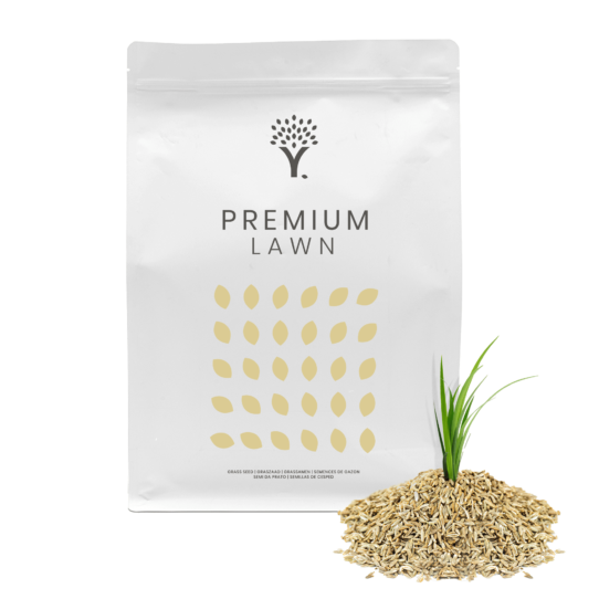 Front image of the Premium Lawn Grass Seed product pouch with grass seed in front of the pouch