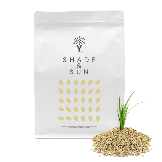 Front image of the Shade & Sun grass seed product pouch with grass seed in front of the pouch