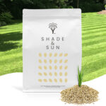 Front image of the Shade & Sun grass seed product pouch with grass seed in front of the pouch