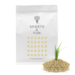 Front image of the Sport & Fun Grass Seed product pouch with grass seed in front of the pouch