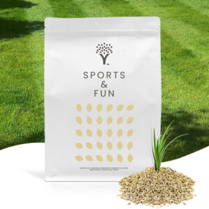 Front image of the Sport & Fun Grass Seed product pouch with grass seed in front of the pouch