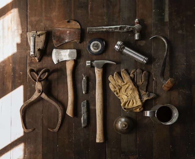 Gardening tools spread out on a table