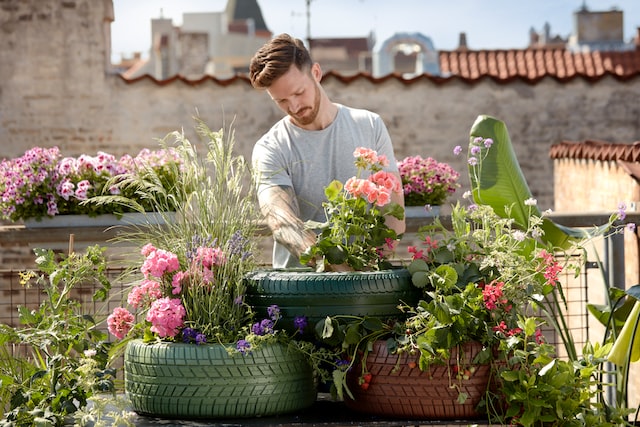 A man using old tyres as planters