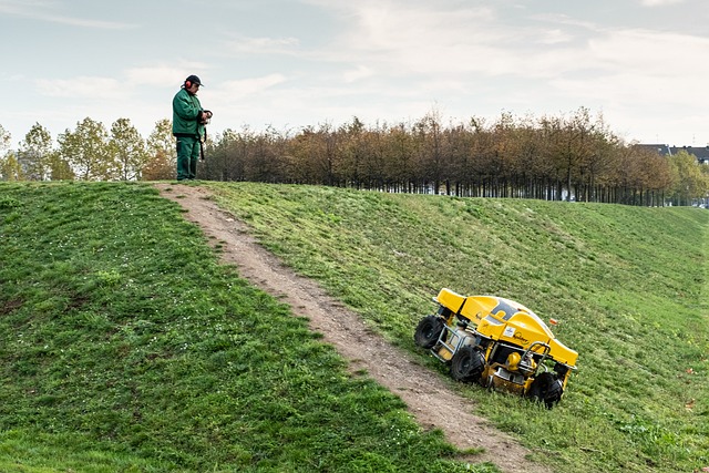 A robot mower mowing a slope