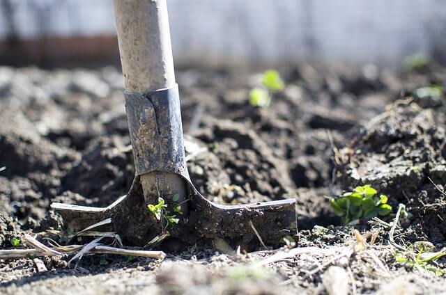 A spade digging into soil