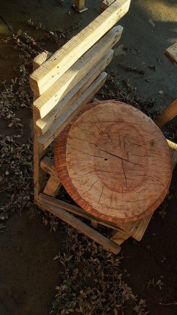 A garden chair made from recycled wood