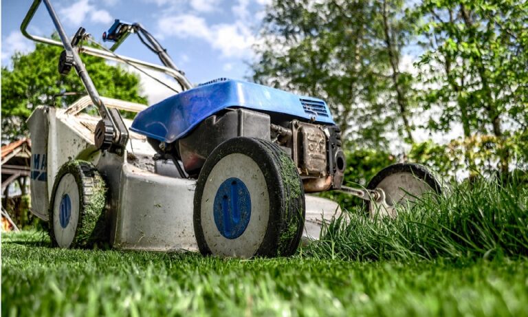 A petrol lawnmower in the process of cutting a lawn