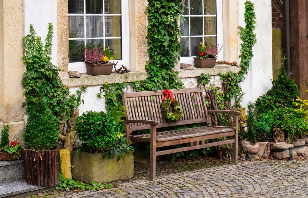 A bench in a front garden