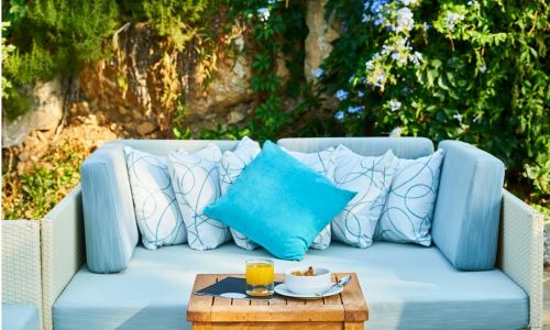 Garden furniture with comfy blue cushions