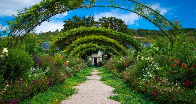 A lovely south-facing garden with green arches along a path