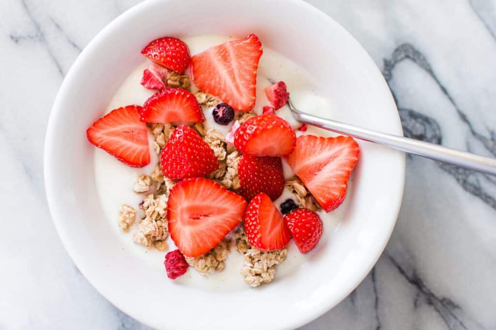 Strawberries in a breakfast bowl
